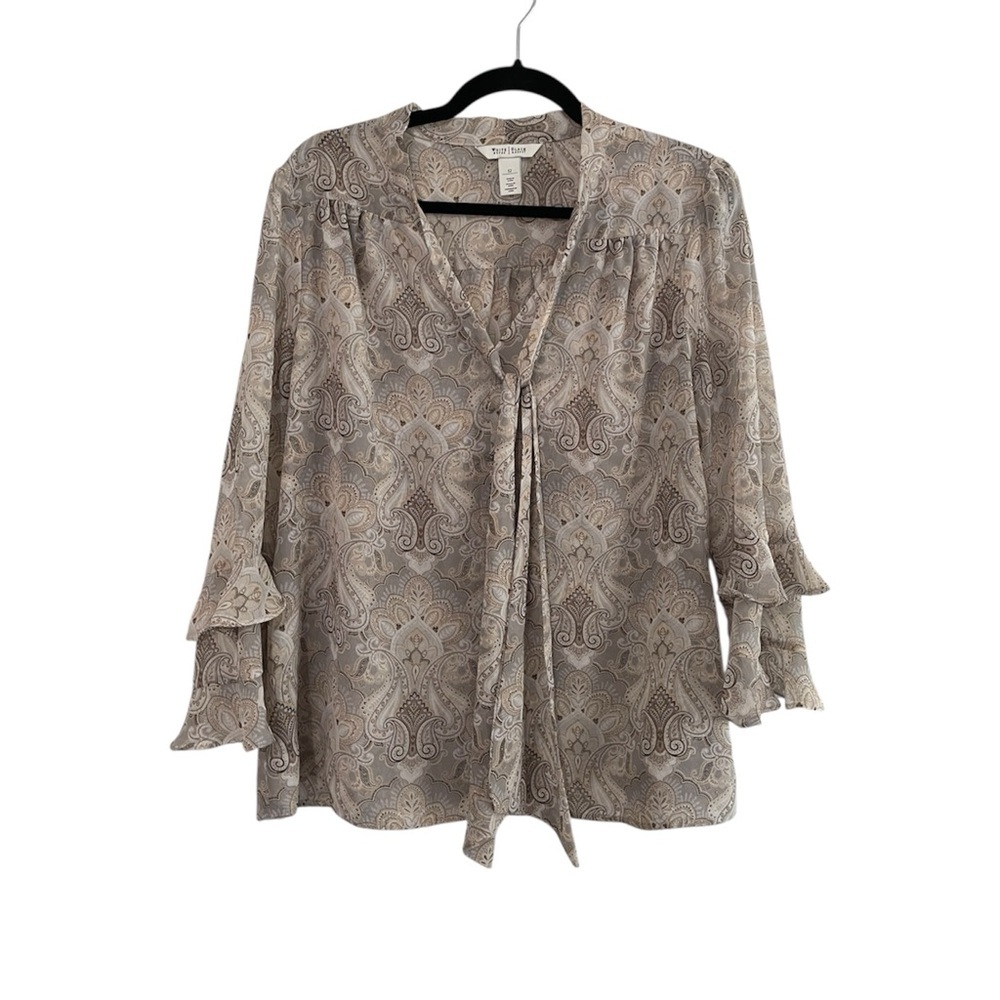White House Black Market Beige Paisley Tie-Neck Blouse - Picture 2 of 9